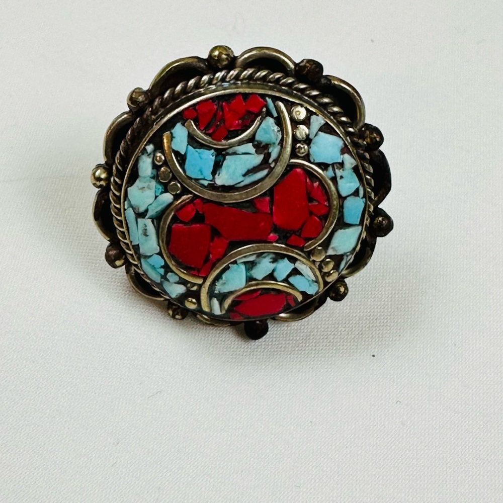 Vintage-Inspired Red and Turquoise Mosaic Statement Ring